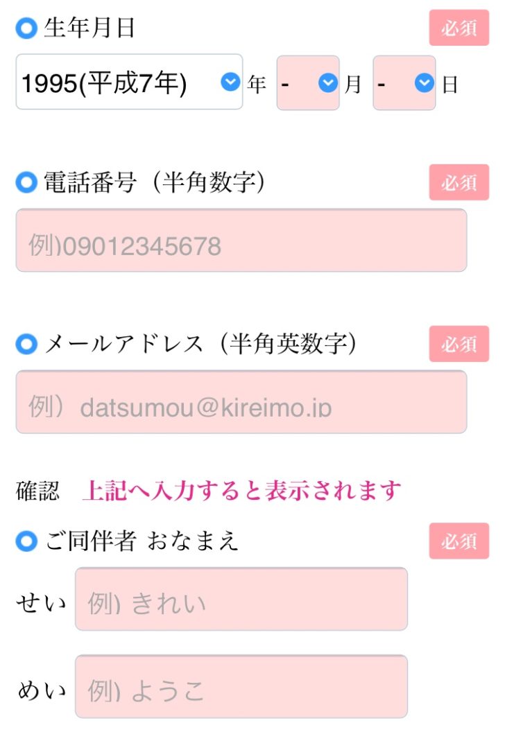 キレイモのお客様情報のご入力ページ