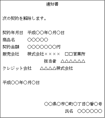 クーリングオフの通知書（クレジット会社用）